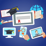 cartoon of distance learning: computer, phone, tablet, globe